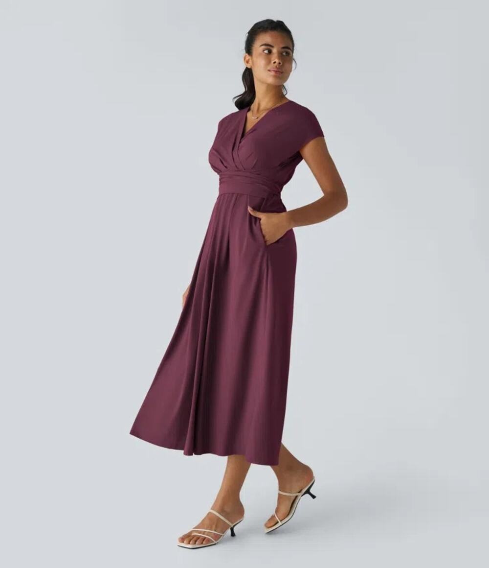 NWT HALARA BreezefulV Neck Short Sleeve Pocket Tie Back Quick Dry Midi Dress